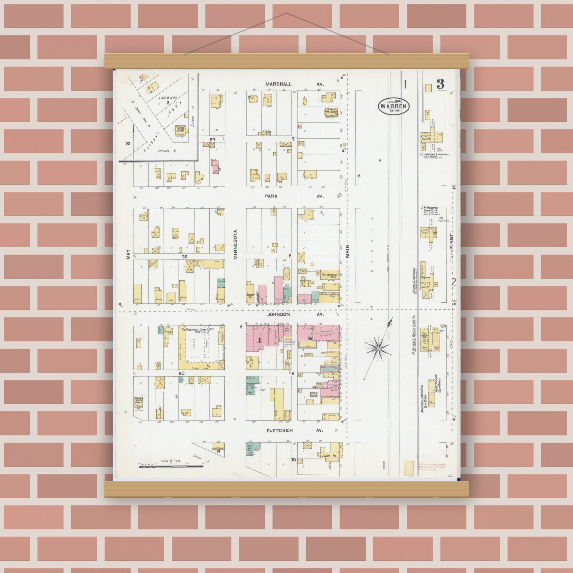 Old map wall art mockup — magnetic wood frame on brick wall — Sanborn Fire Insurance Map from Warren, Marshall County, Minnesota (1904), Sheet #0003