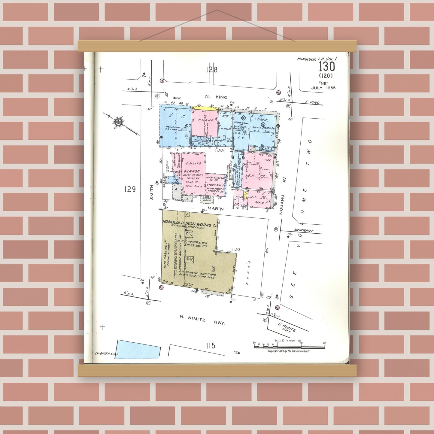 Old map wall art mockup — magnetic wood frame on brick wall — Sanborn Fire Insurance Map from Honolulu, Oahu County, Hawaii (1955), Sheet #0130