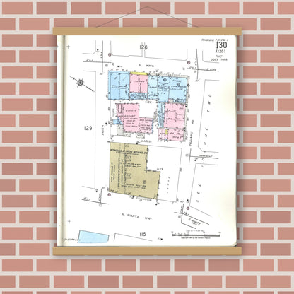 Old map wall art mockup — magnetic wood frame on brick wall — Sanborn Fire Insurance Map from Honolulu, Oahu County, Hawaii (1955), Sheet #0130