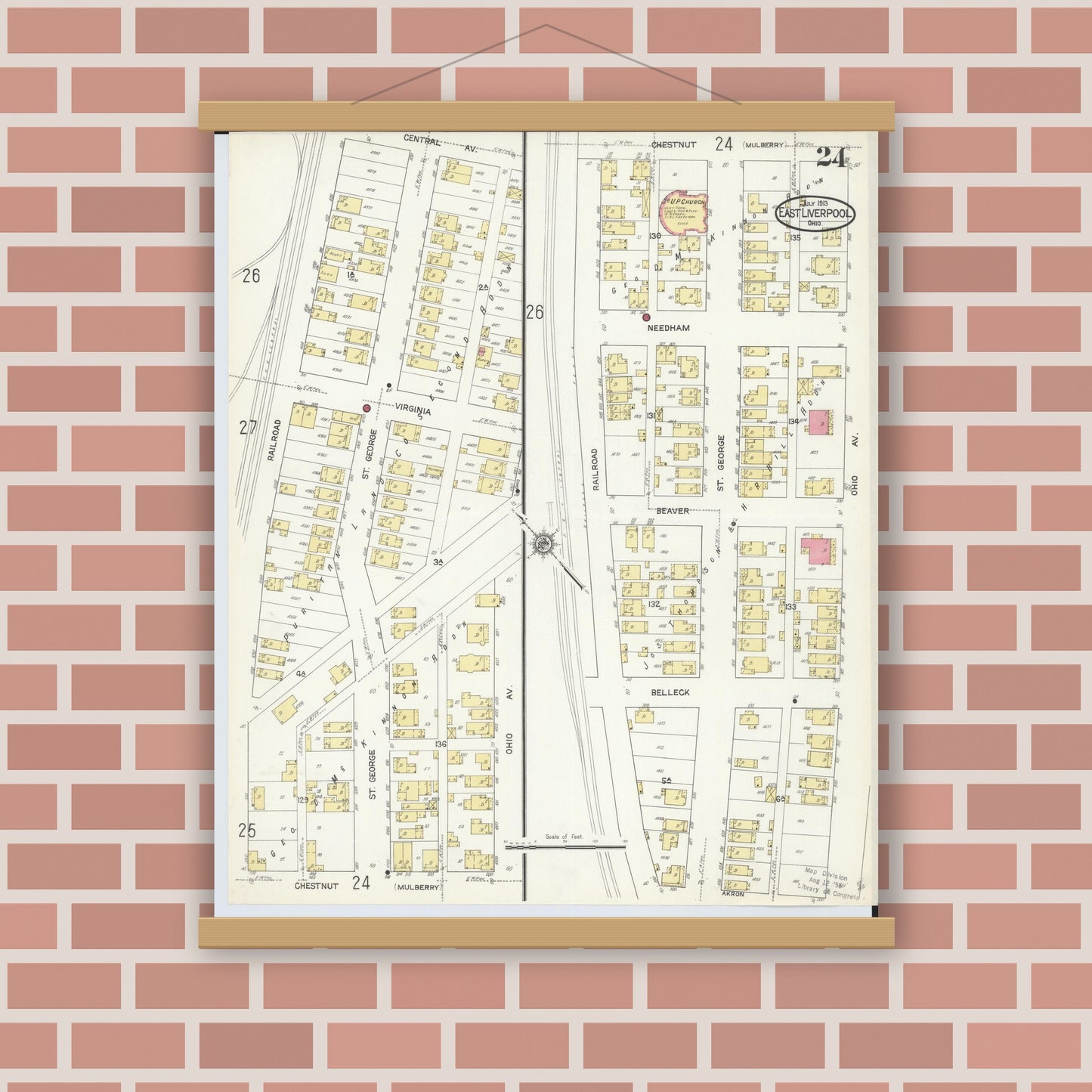 Old map wall art mockup — magnetic wood frame on brick wall — Sanborn Fire Insurance Map from East Liverpool, Columbiana County, Ohio (1913), Sheet #0024