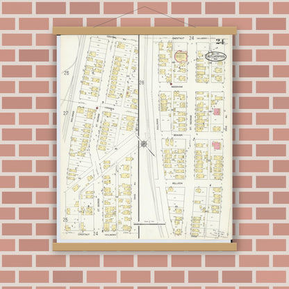 Old map wall art mockup — magnetic wood frame on brick wall — Sanborn Fire Insurance Map from East Liverpool, Columbiana County, Ohio (1913), Sheet #0024
