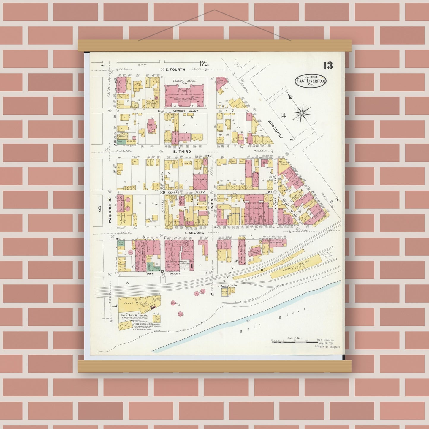 Old map wall art mockup — magnetic wood frame on brick wall — Sanborn Fire Insurance Map from East Liverpool, Columbiana County, Ohio (1908), Sheet #0013