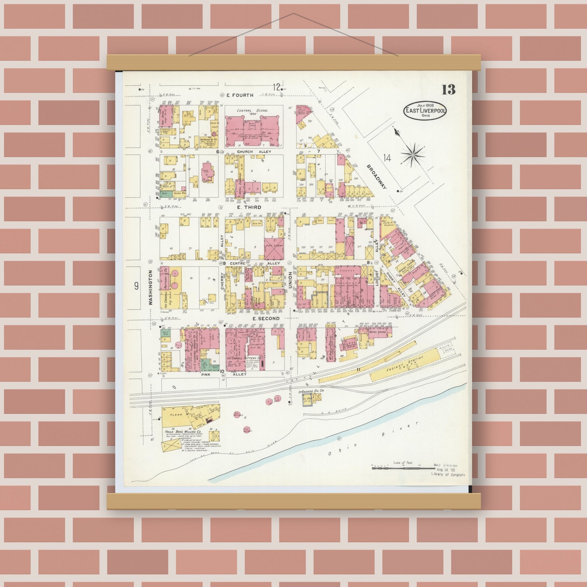 Old map wall art mockup — magnetic wood frame on brick wall — Sanborn Fire Insurance Map from East Liverpool, Columbiana County, Ohio (1908), Sheet #0013
