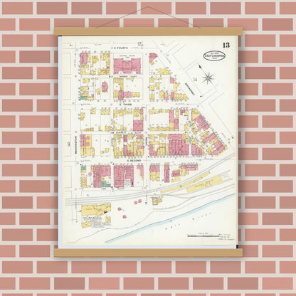 Old map wall art mockup — magnetic wood frame on brick wall — Sanborn Fire Insurance Map from East Liverpool, Columbiana County, Ohio (1908), Sheet #0013