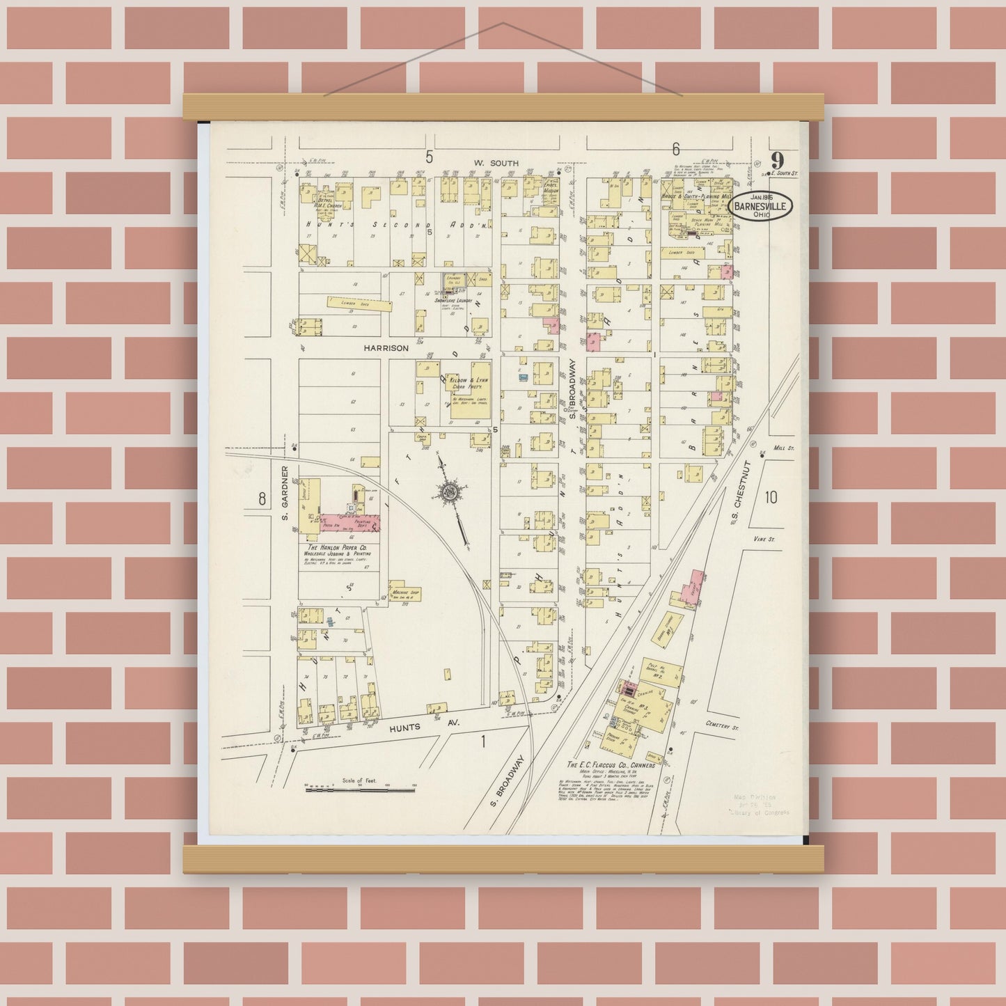 Old map wall art mockup — magnetic wood frame on brick wall — Sanborn Fire Insurance Map from Barnesville, Belmont County, Ohio (1915), Sheet #0009