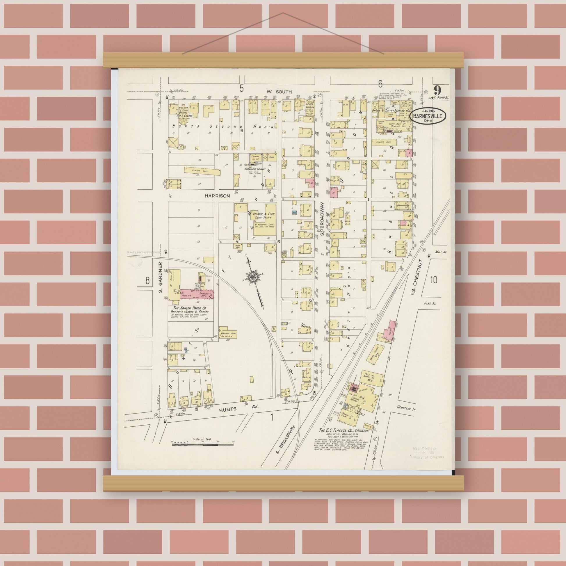 Old map wall art mockup — magnetic wood frame on brick wall — Sanborn Fire Insurance Map from Barnesville, Belmont County, Ohio (1915), Sheet #0009