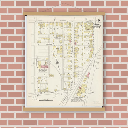 Old map wall art mockup — magnetic wood frame on brick wall — Sanborn Fire Insurance Map from Barnesville, Belmont County, Ohio (1915), Sheet #0009