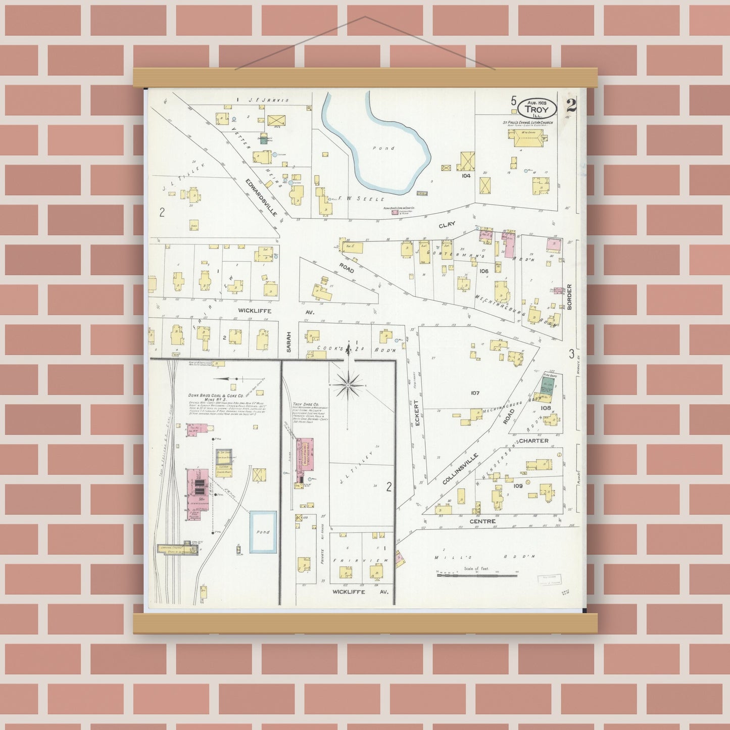 Old map wall art mockup — magnetic wood frame on brick wall — Sanborn Fire Insurance Map from Troy, Madison County, Illinois (1909), Sheet #0002