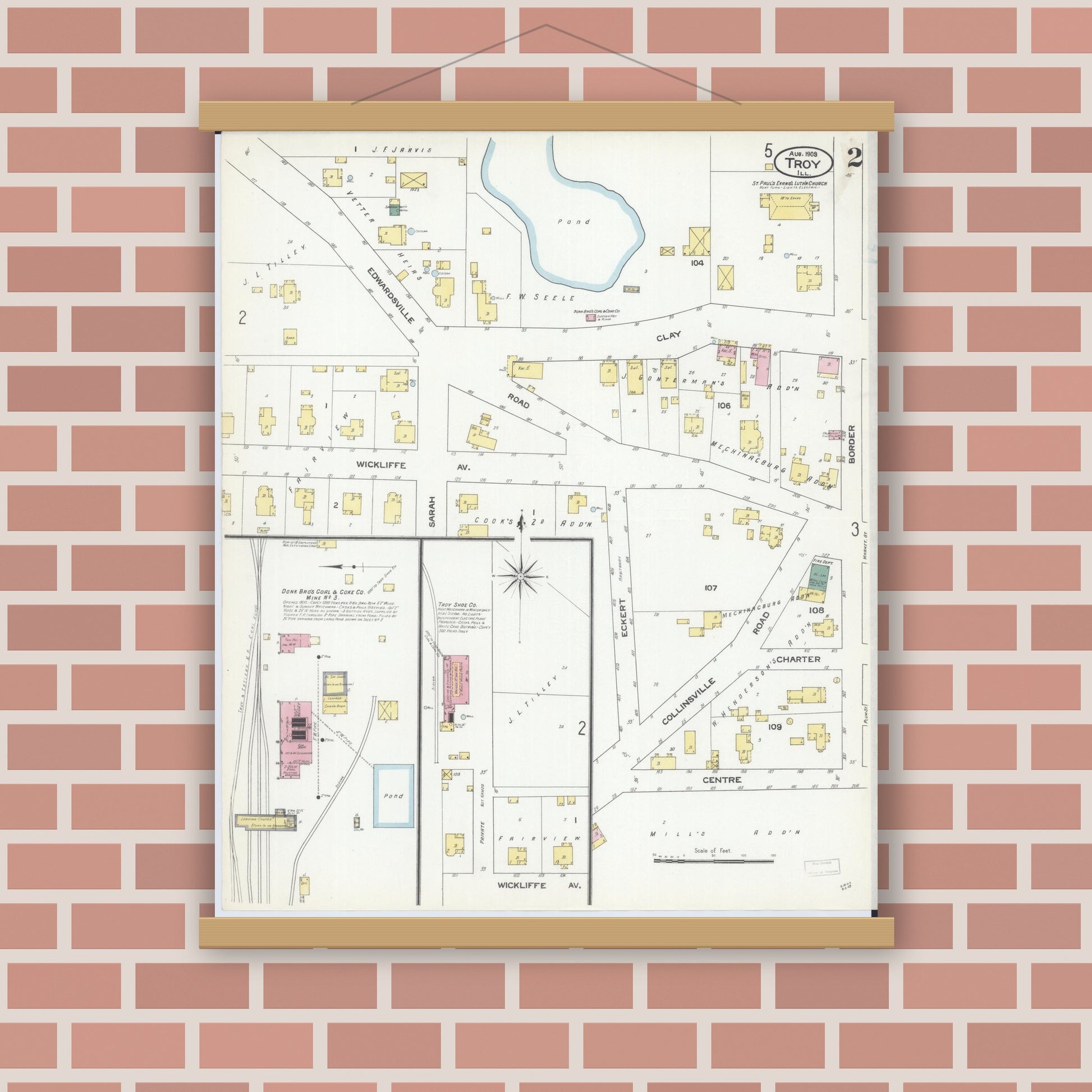 Old map wall art mockup — magnetic wood frame on brick wall — Sanborn Fire Insurance Map from Troy, Madison County, Illinois (1909), Sheet #0002