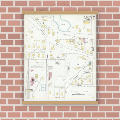 Old map wall art mockup — magnetic wood frame on brick wall — Sanborn Fire Insurance Map from Troy, Madison County, Illinois (1909), Sheet #0002
