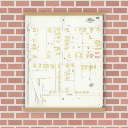 Old map wall art mockup — magnetic wood frame on brick wall — Sanborn Fire Insurance Map from Goldsboro, Wayne County, North Carolina (1908), Sheet #0015
