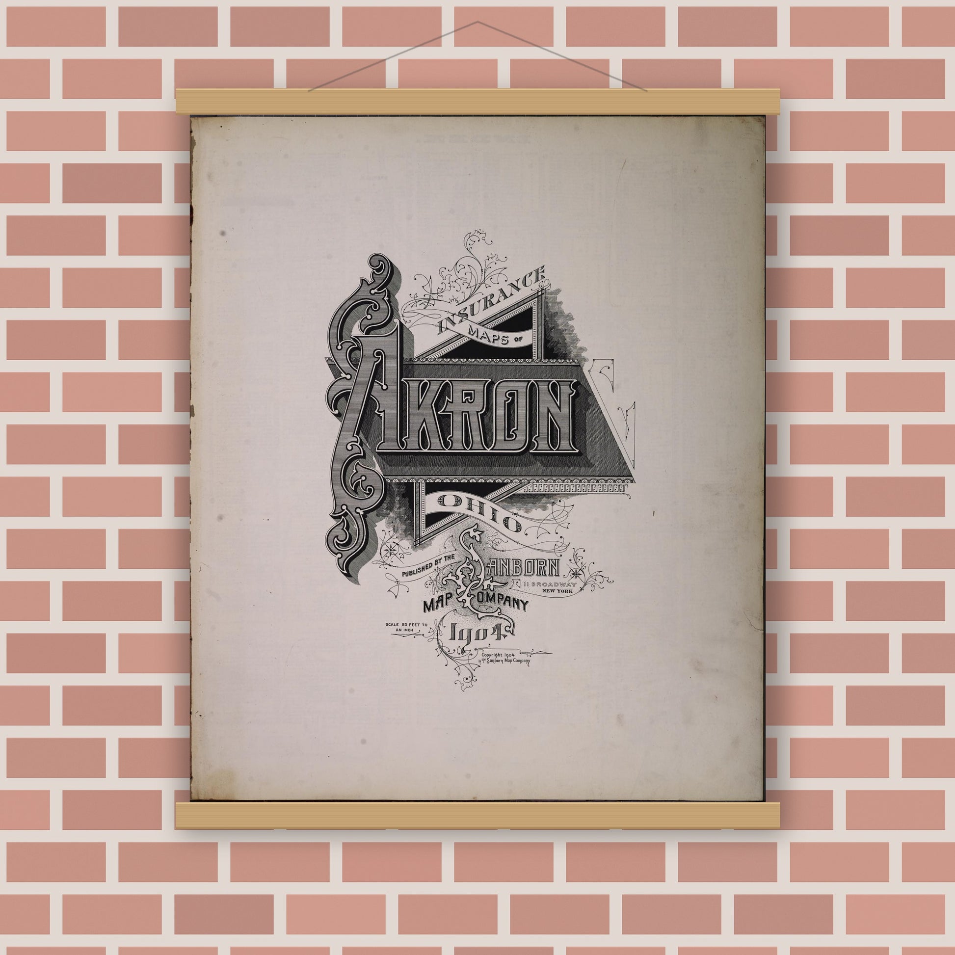 Old map wall art mockup — magnetic wood frame on brick wall — Sanborn Fire Insurance Map from Akron, Summit County, Ohio (1904), Sheet #0001