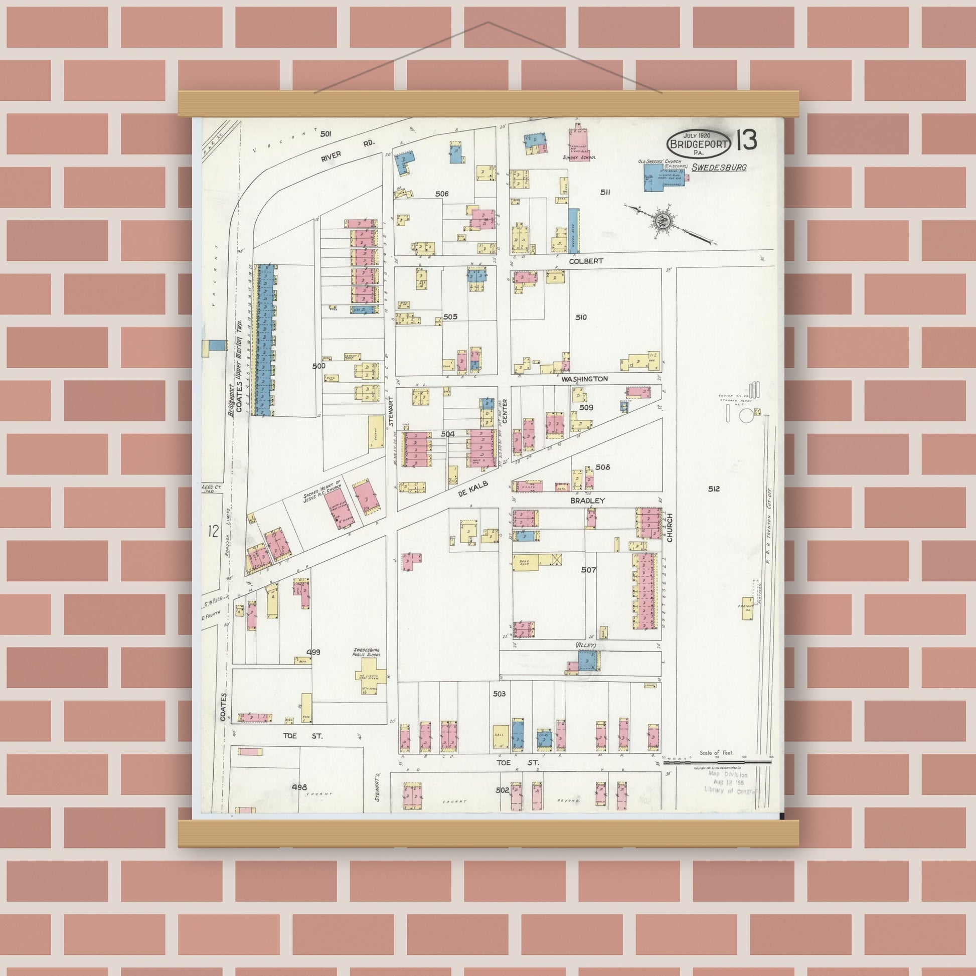 Old map wall art mockup — magnetic wood frame on brick wall — Sanborn Fire Insurance Map from Bridgeport, Montgomery County, Pennsylvania (1920), Sheet #0013