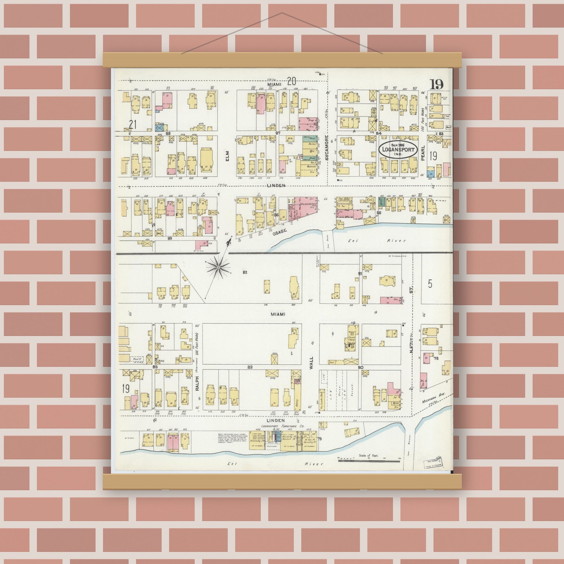 Old map wall art mockup — magnetic wood frame on brick wall — Sanborn Fire Insurance Map from Logansport, Cass County, Indiana (1906), Sheet #0019