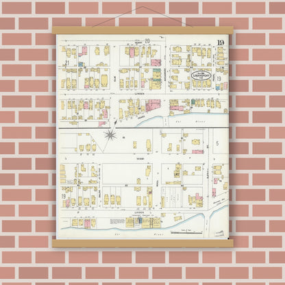 Old map wall art mockup — magnetic wood frame on brick wall — Sanborn Fire Insurance Map from Logansport, Cass County, Indiana (1906), Sheet #0019