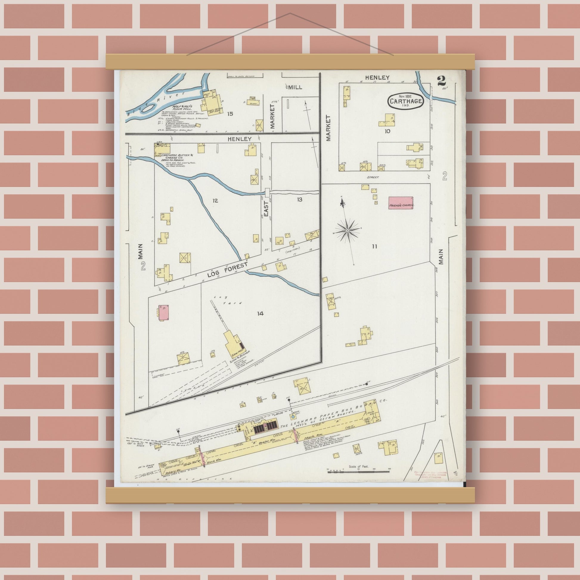 Old map wall art mockup — magnetic wood frame on brick wall — Sanborn Fire Insurance Map from Carthage, Rush County, Indiana (1892), Sheet #0002