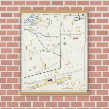 Old map wall art mockup — magnetic wood frame on brick wall — Sanborn Fire Insurance Map from Carthage, Rush County, Indiana (1892), Sheet #0002