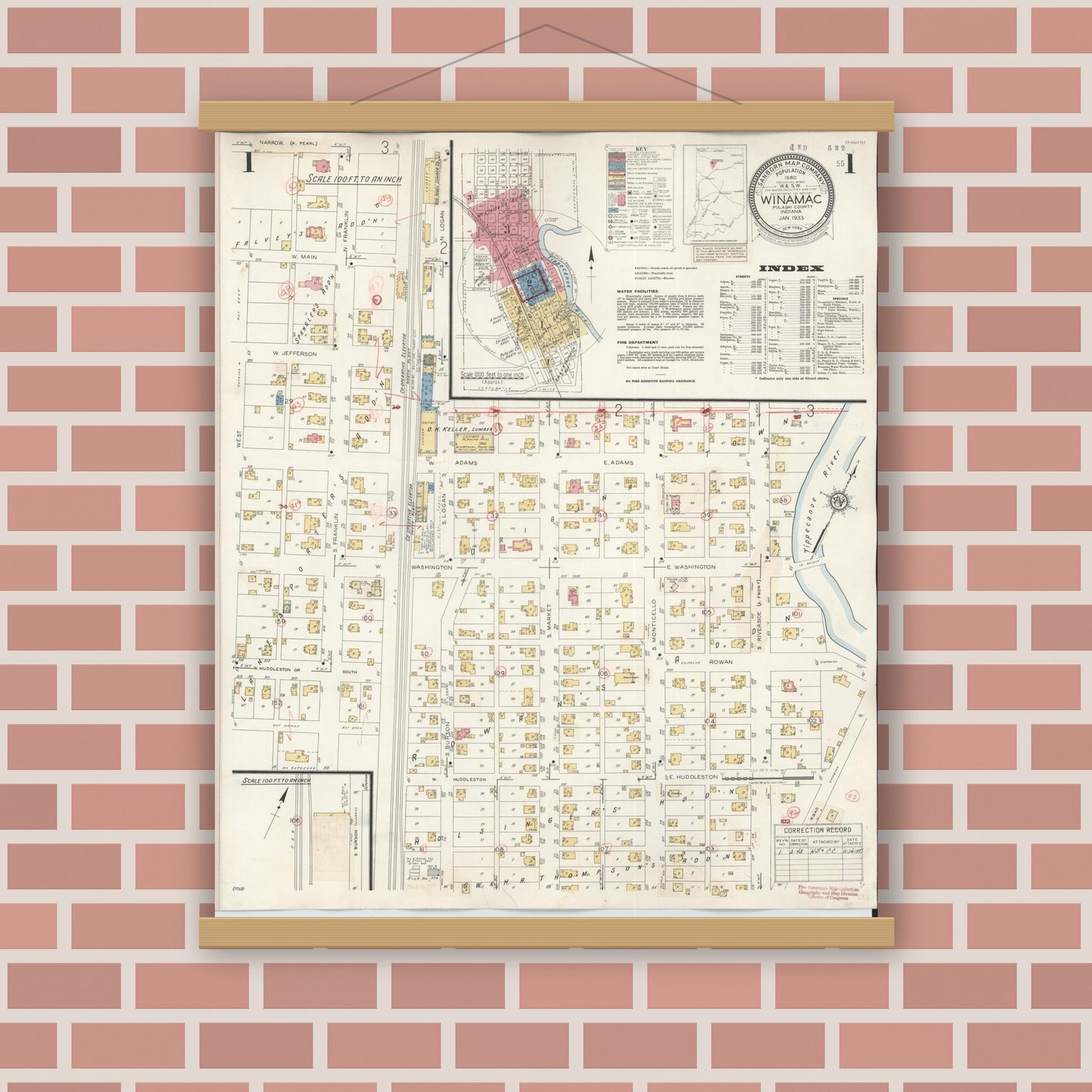 Old map wall art mockup — magnetic wood frame on brick wall — Sanborn Fire Insurance Map from Winamac, Pulaski County, Indiana (1943) - Complete Map Set