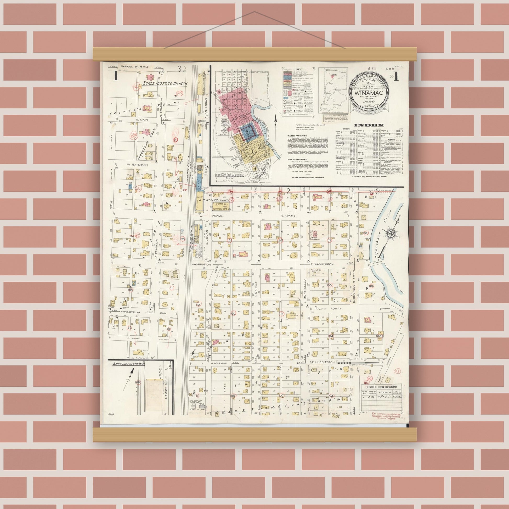 Old map wall art mockup — magnetic wood frame on brick wall — Sanborn Fire Insurance Map from Winamac, Pulaski County, Indiana (1943) - Complete Map Set