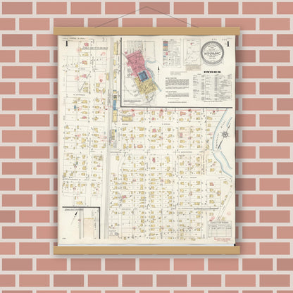 Old map wall art mockup — magnetic wood frame on brick wall — Sanborn Fire Insurance Map from Winamac, Pulaski County, Indiana (1943) - Complete Map Set