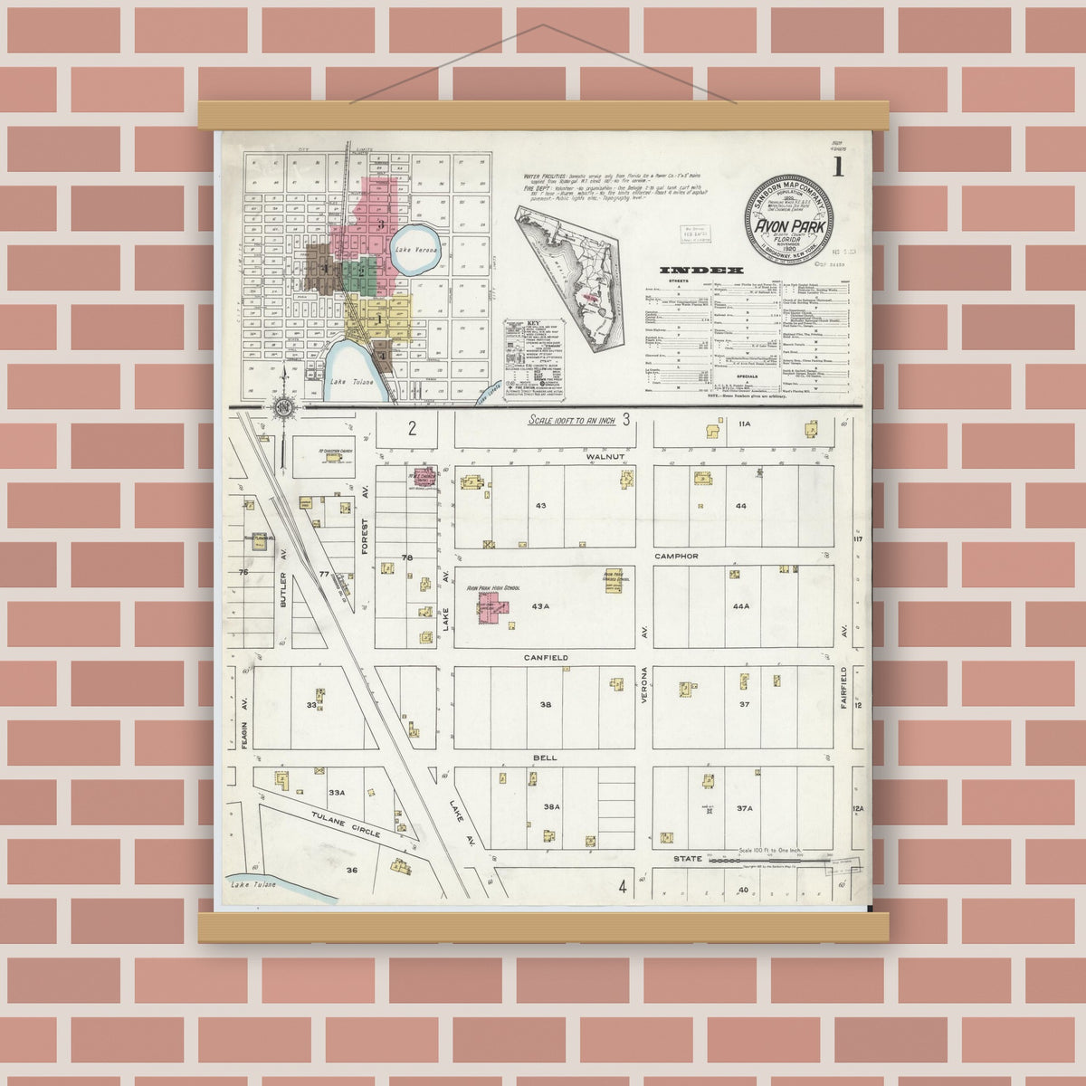 Old map wall art mockup — magnetic wood frame on brick wall — Sanborn Fire Insurance Map from Avon Park, Highlands County, Florida (1920) - Complete Map Set