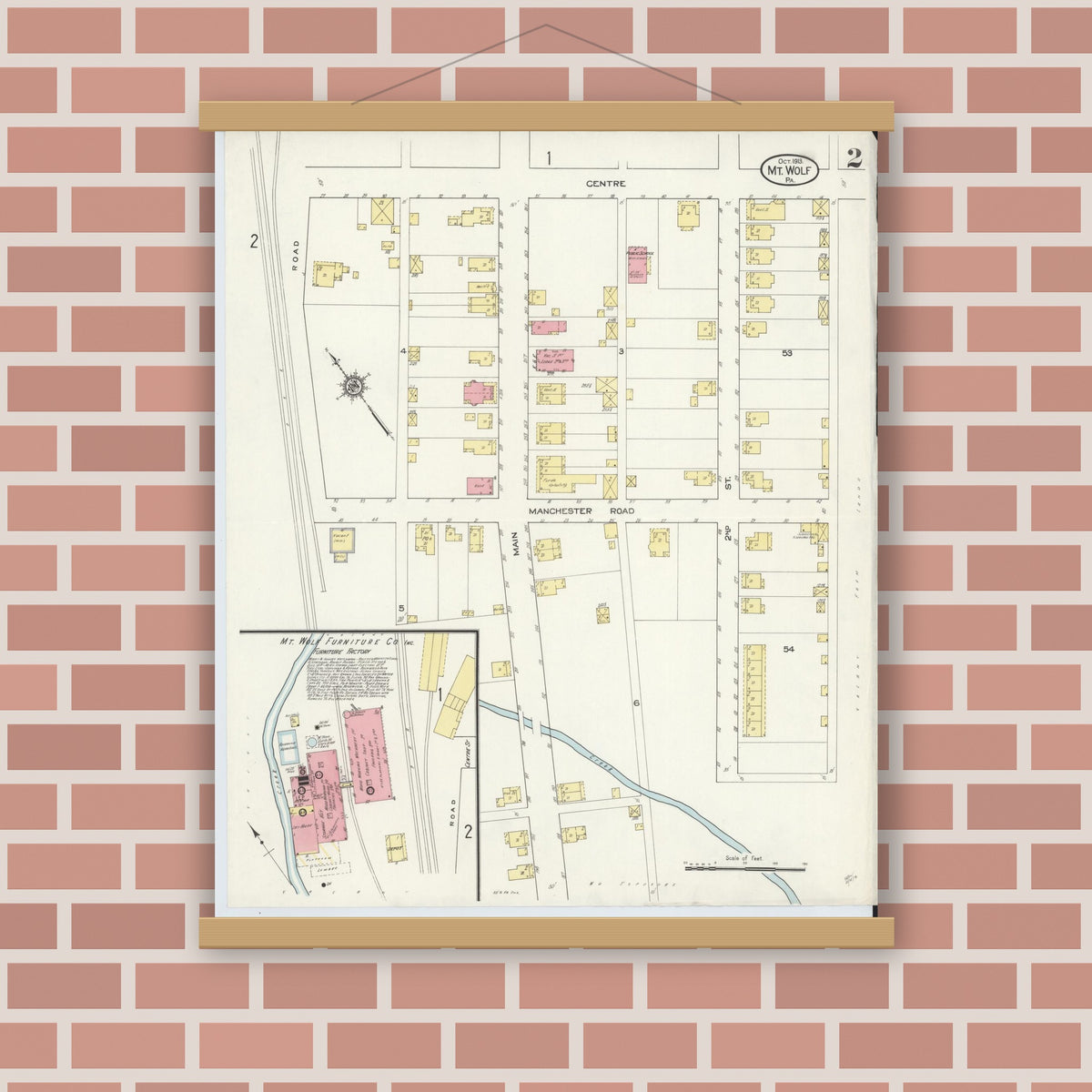 Old map wall art mockup — magnetic wood frame on brick wall — Sanborn Fire Insurance Map from Mount Wolf, York County, Pennsylvania (1913), Sheet #0002