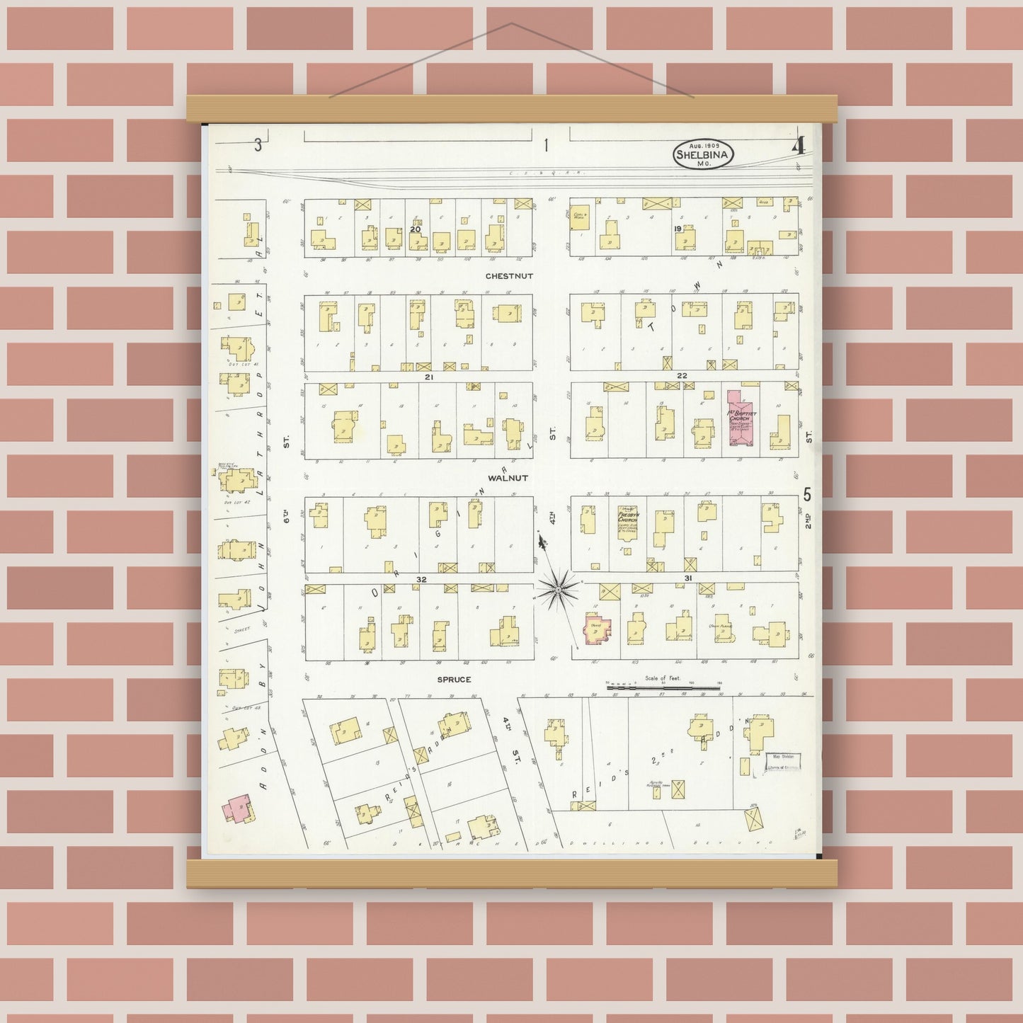 Old map wall art mockup — magnetic wood frame on brick wall — Sanborn Fire Insurance Map from Shelbina, Shelby County, Missouri (1909), Sheet #0004