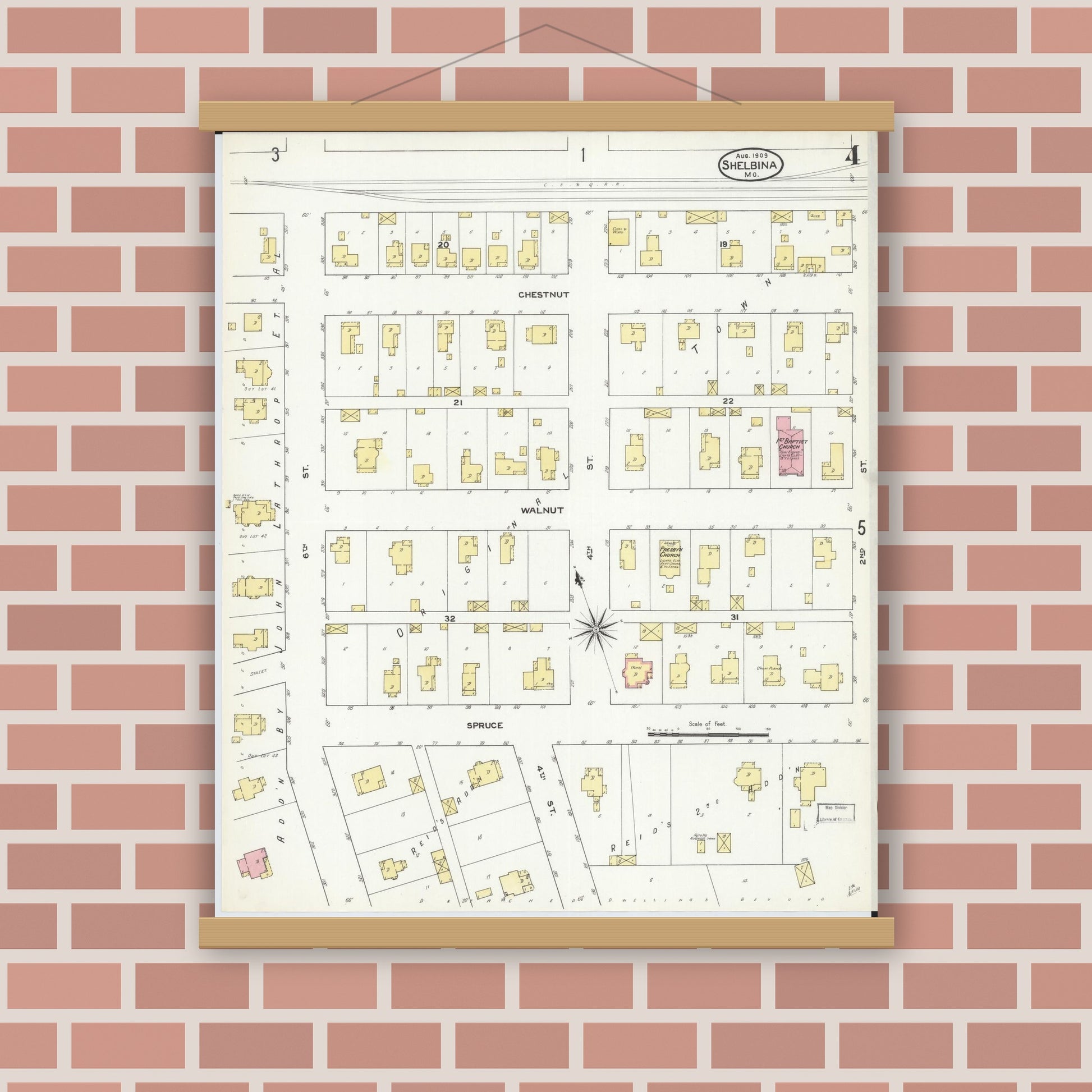 Old map wall art mockup — magnetic wood frame on brick wall — Sanborn Fire Insurance Map from Shelbina, Shelby County, Missouri (1909), Sheet #0004