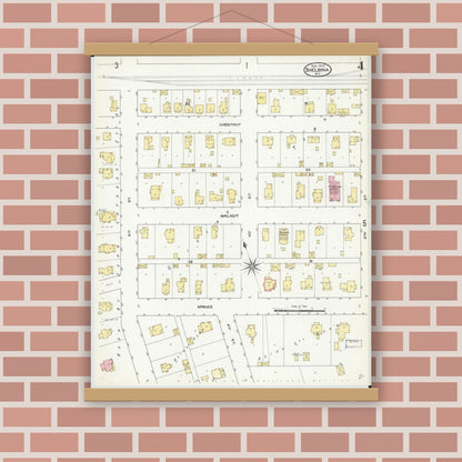 Old map wall art mockup — magnetic wood frame on brick wall — Sanborn Fire Insurance Map from Shelbina, Shelby County, Missouri (1909), Sheet #0004