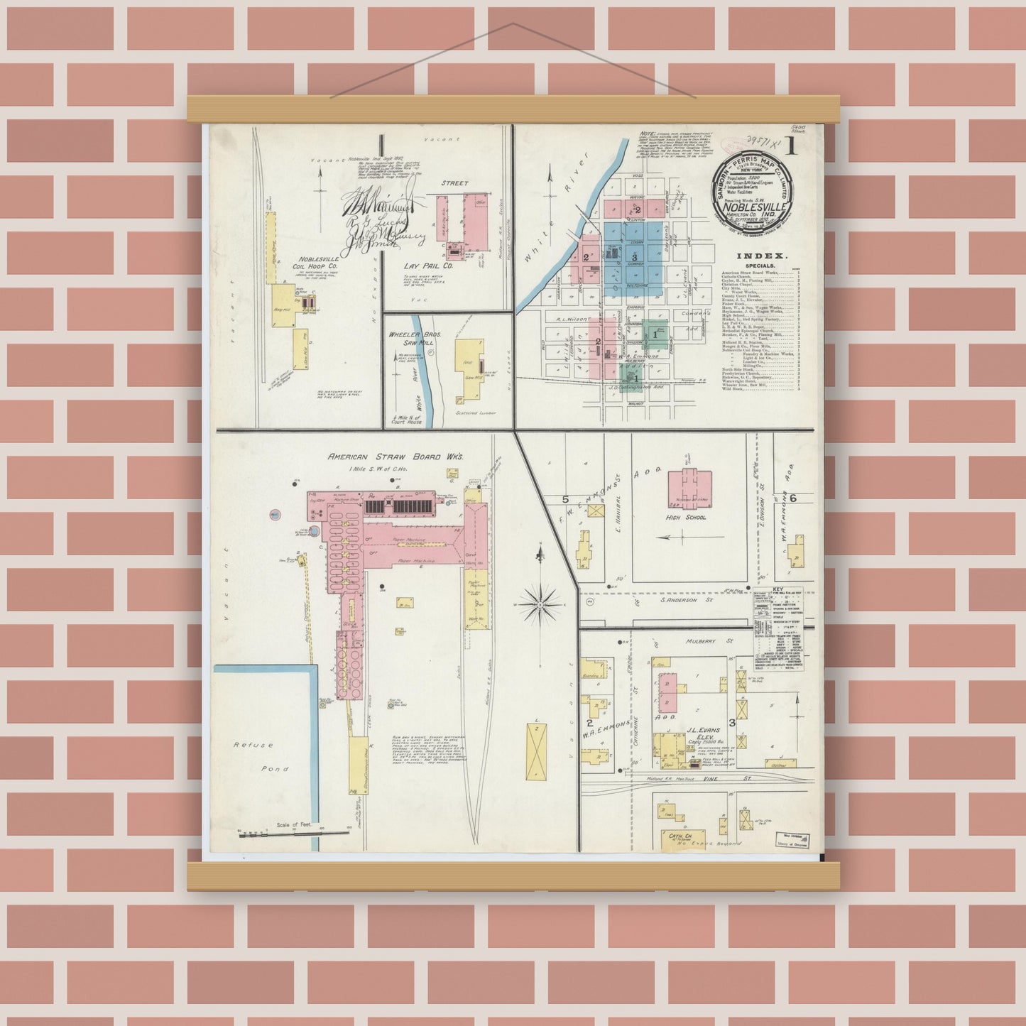 Old map wall art mockup — magnetic wood frame on brick wall — Sanborn Fire Insurance Map from Noblesville, Hamilton County, Indiana (1892) - Complete Map Set