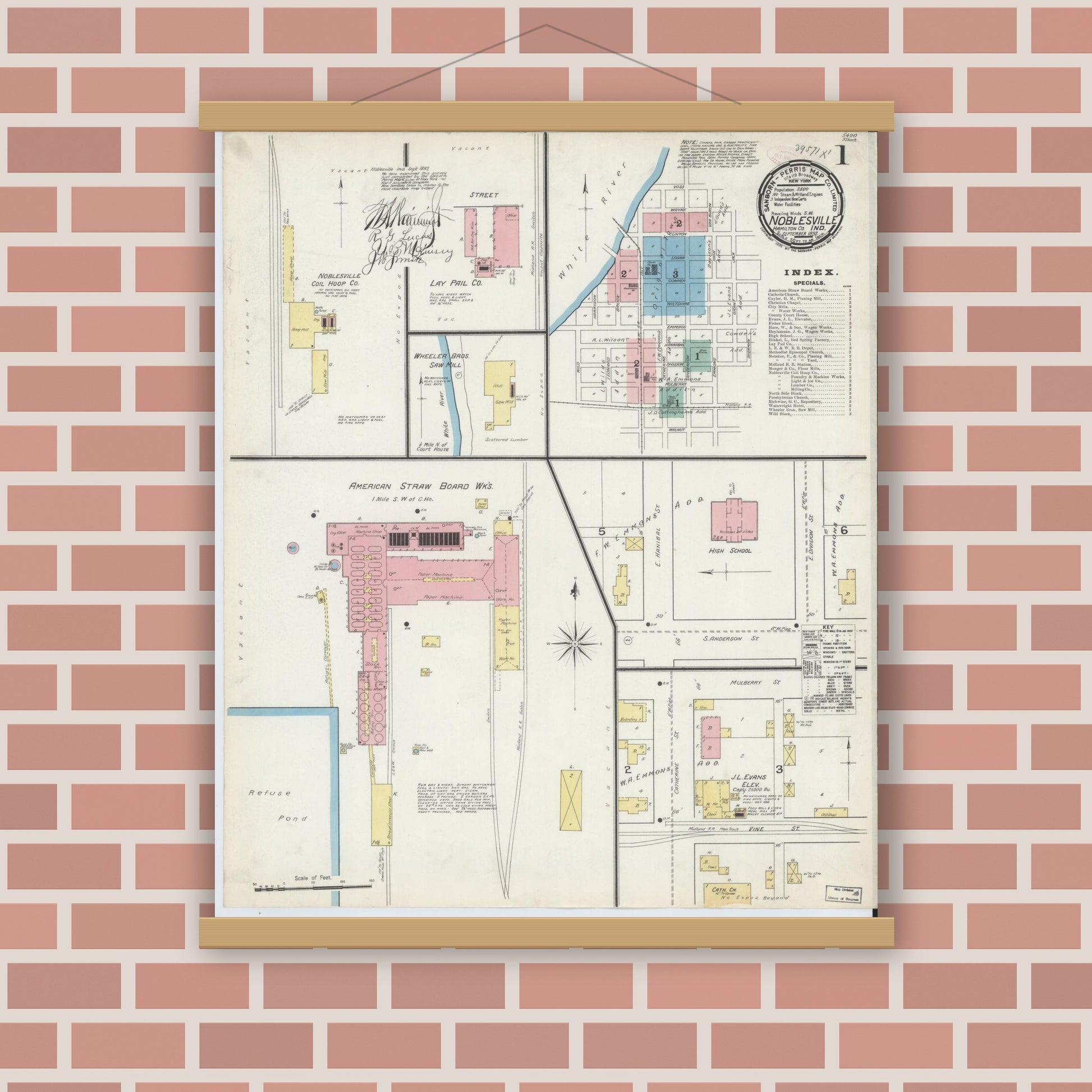 Old map wall art mockup — magnetic wood frame on brick wall — Sanborn Fire Insurance Map from Noblesville, Hamilton County, Indiana (1892) - Complete Map Set