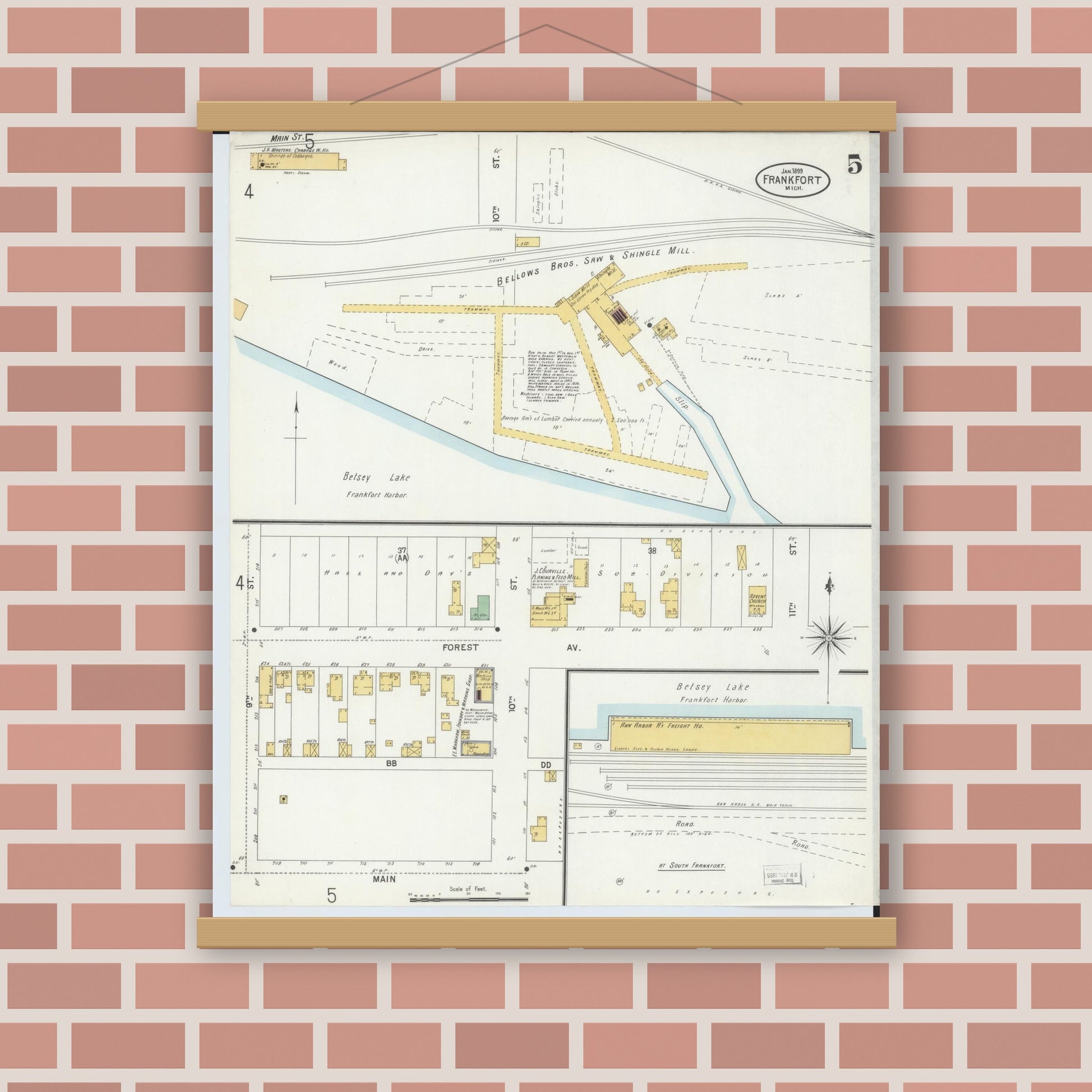 Old map wall art mockup — magnetic wood frame on brick wall — Sanborn Fire Insurance Map from Frankfort, Benzie County, Michigan (1899), Sheet #0005