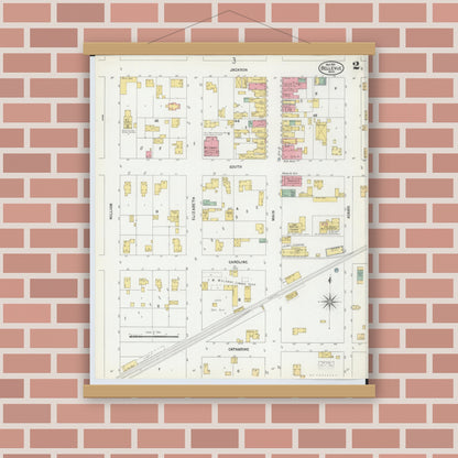 Old map wall art mockup — magnetic wood frame on brick wall — Sanborn Fire Insurance Map from Bellevue, Eaton County, Michigan (1901), Sheet #0002