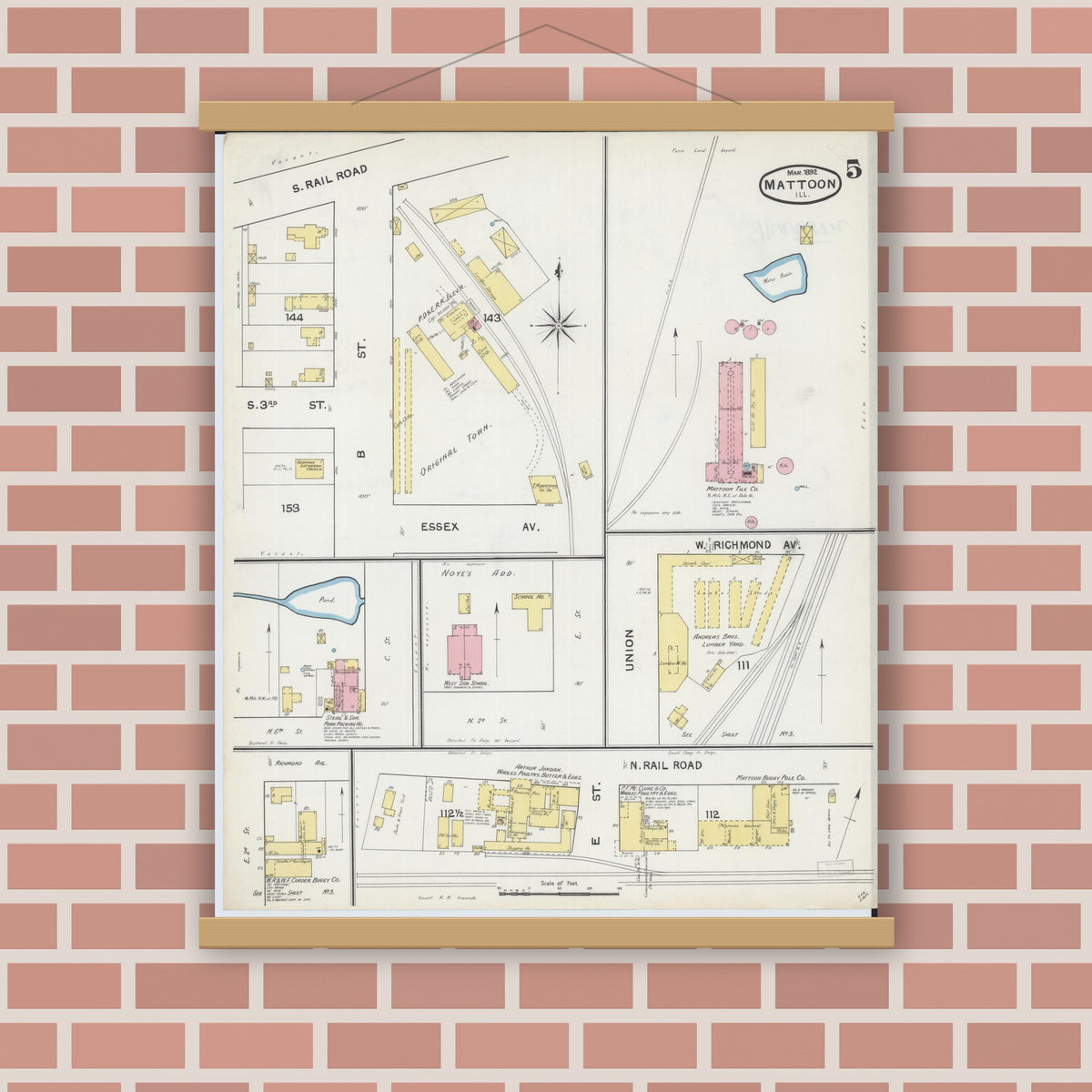 Old map wall art mockup — magnetic wood frame on brick wall — Sanborn Fire Insurance Map from Mattoon, Coles County, Illinois (1892), Sheet #0005