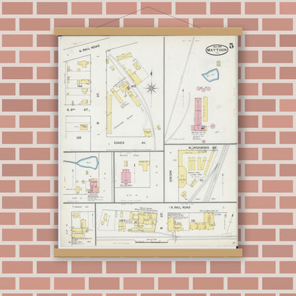 Old map wall art mockup — magnetic wood frame on brick wall — Sanborn Fire Insurance Map from Mattoon, Coles County, Illinois (1892), Sheet #0005