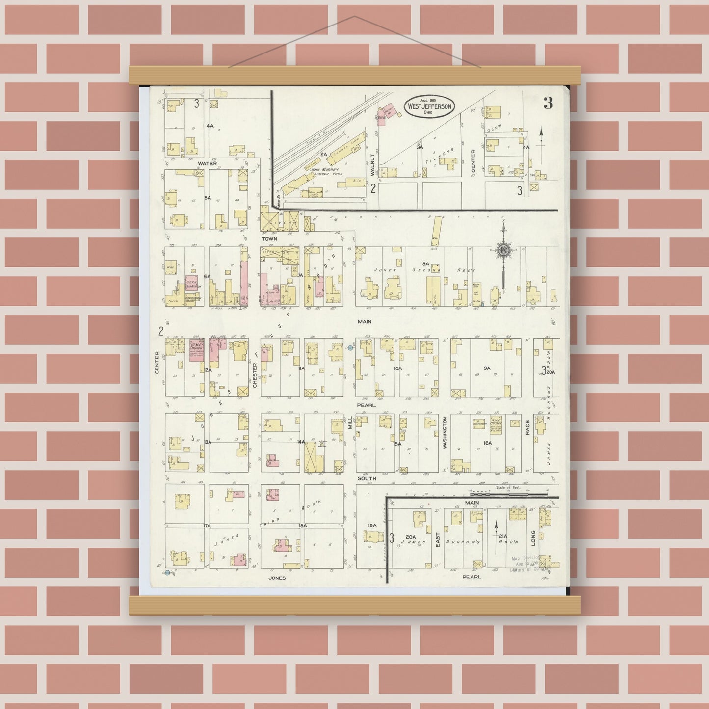 Old map wall art mockup — magnetic wood frame on brick wall — Sanborn Fire Insurance Map from West Jefferson, Madison County, Ohio (1910), Sheet #0003