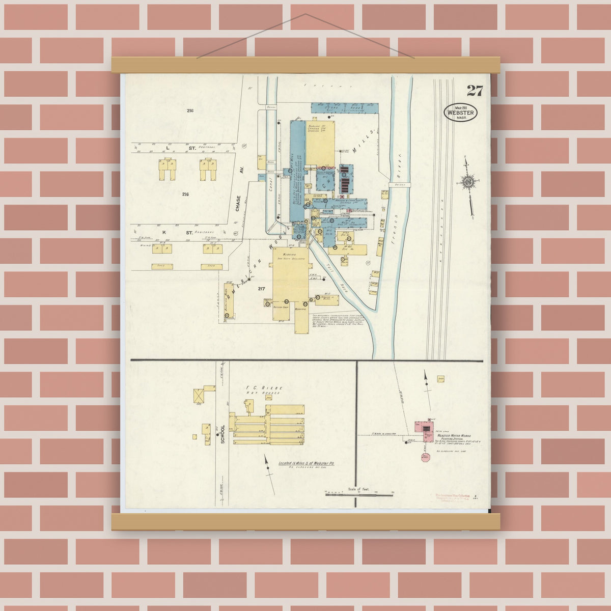 Old map wall art mockup — magnetic wood frame on brick wall — Sanborn Fire Insurance Map from Webster, Worcester County, Massachusetts (1911), Sheet #0027