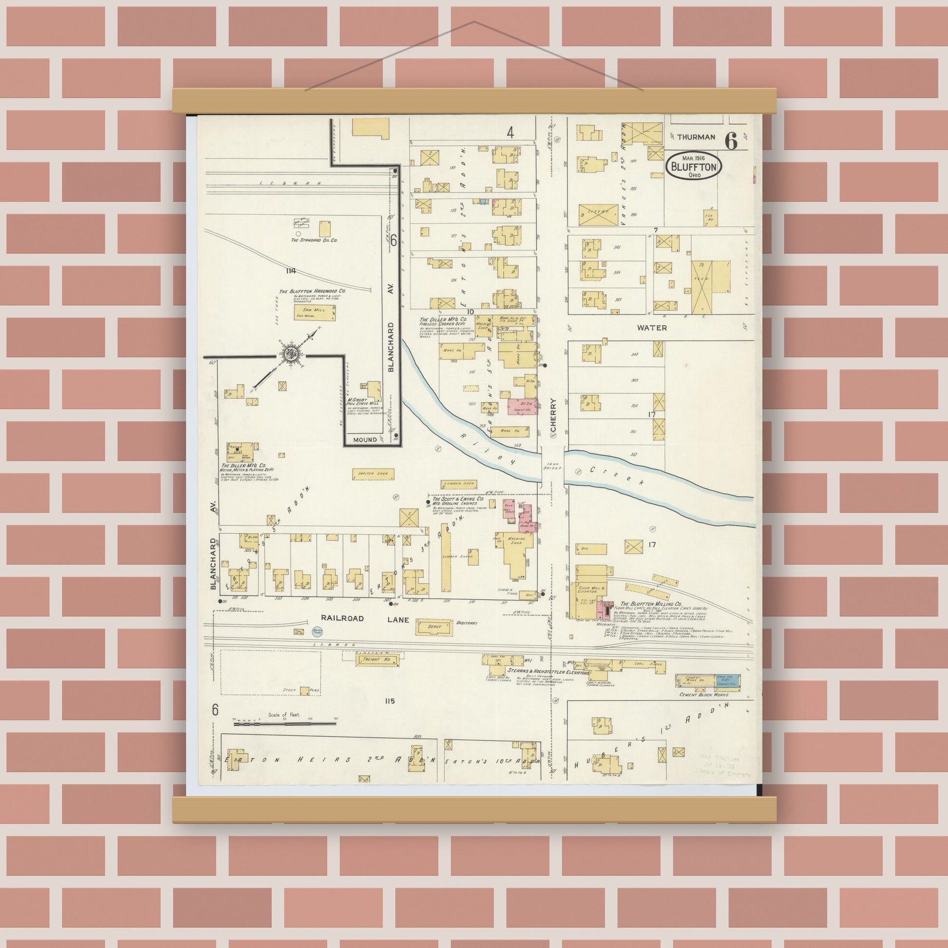 Old map wall art mockup — magnetic wood frame on brick wall — Sanborn Fire Insurance Map from Bluffton, Allen County, Ohio (1916), Sheet #0006