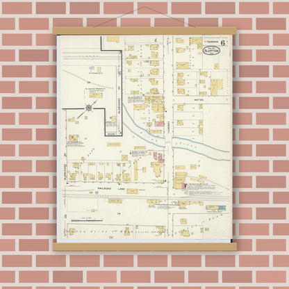 Old map wall art mockup — magnetic wood frame on brick wall — Sanborn Fire Insurance Map from Bluffton, Allen County, Ohio (1916), Sheet #0006