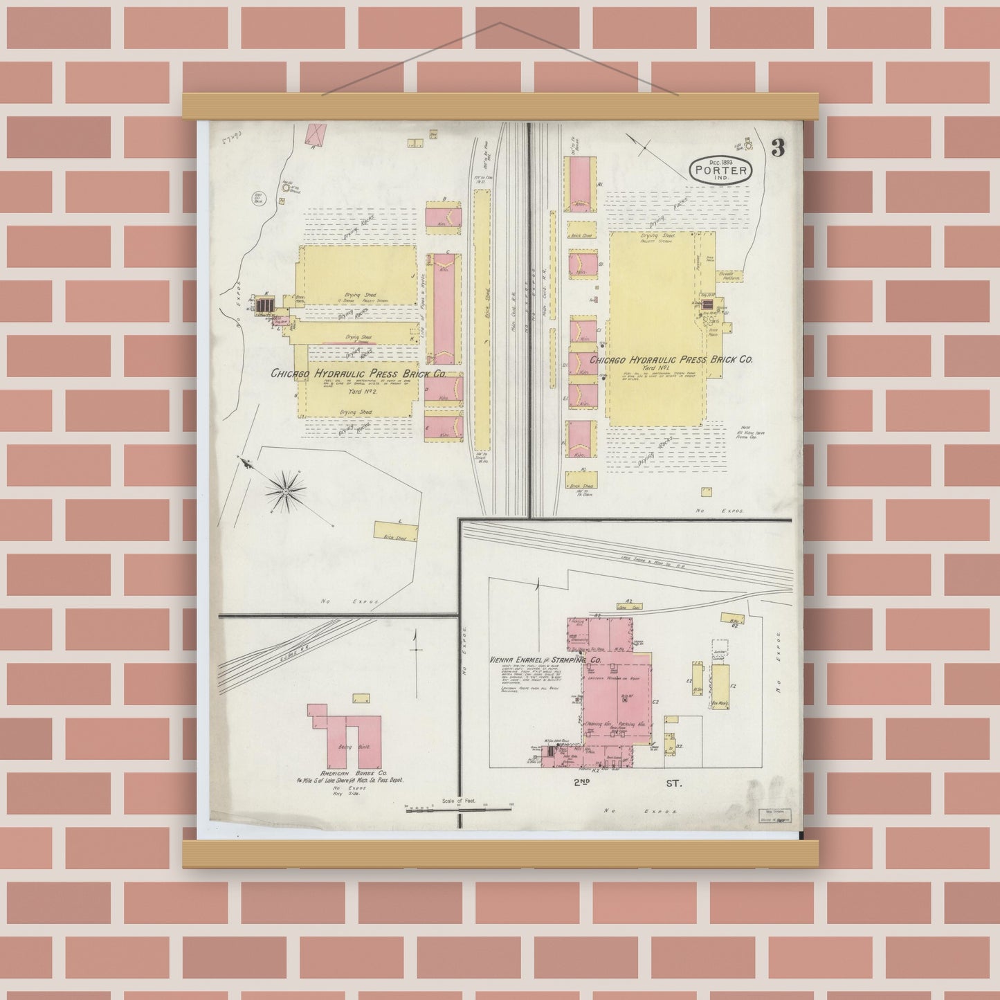 Old map wall art mockup — magnetic wood frame on brick wall — Sanborn Fire Insurance Map from Porter, Porter County, Indiana (1893), Sheet #0003