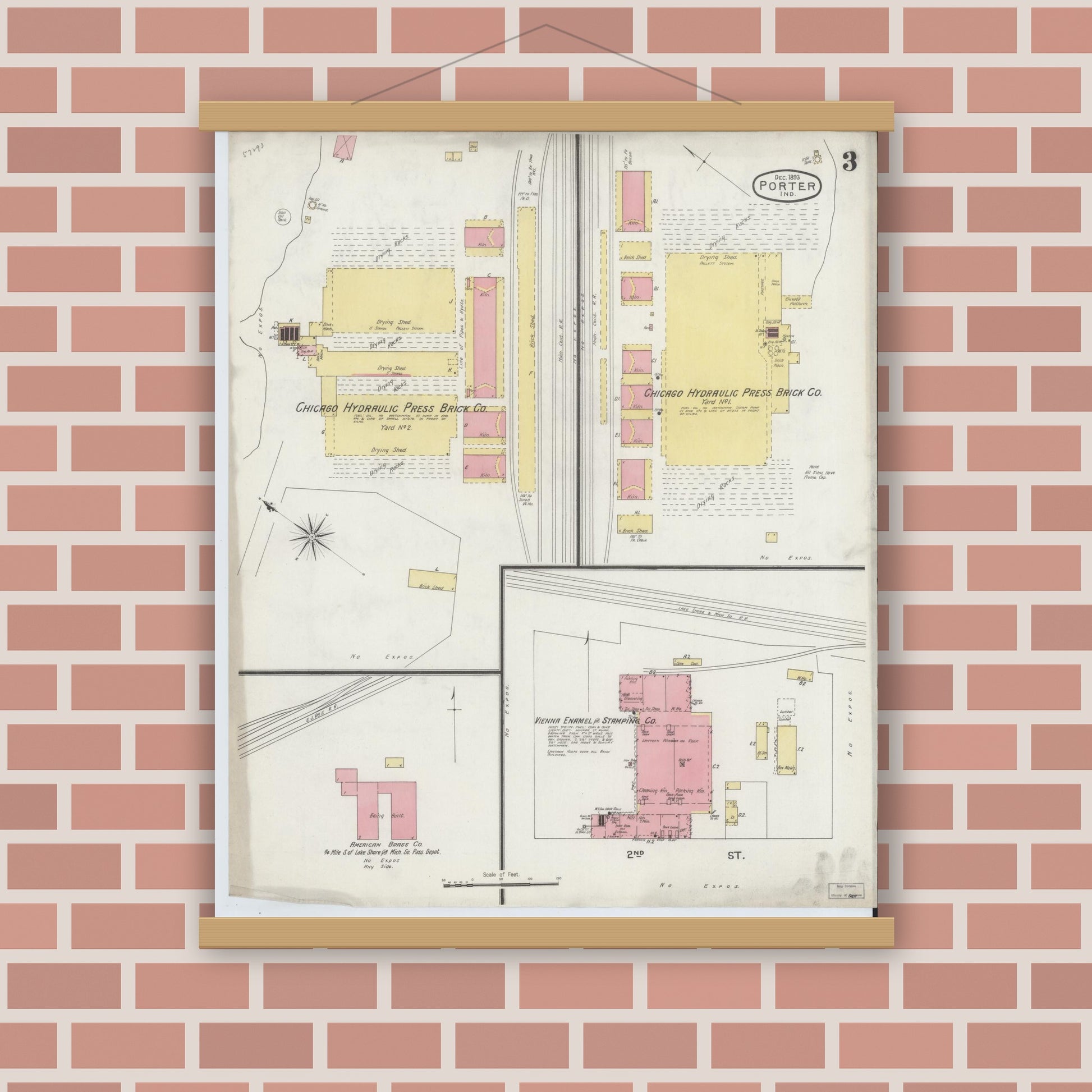 Old map wall art mockup — magnetic wood frame on brick wall — Sanborn Fire Insurance Map from Porter, Porter County, Indiana (1893), Sheet #0003