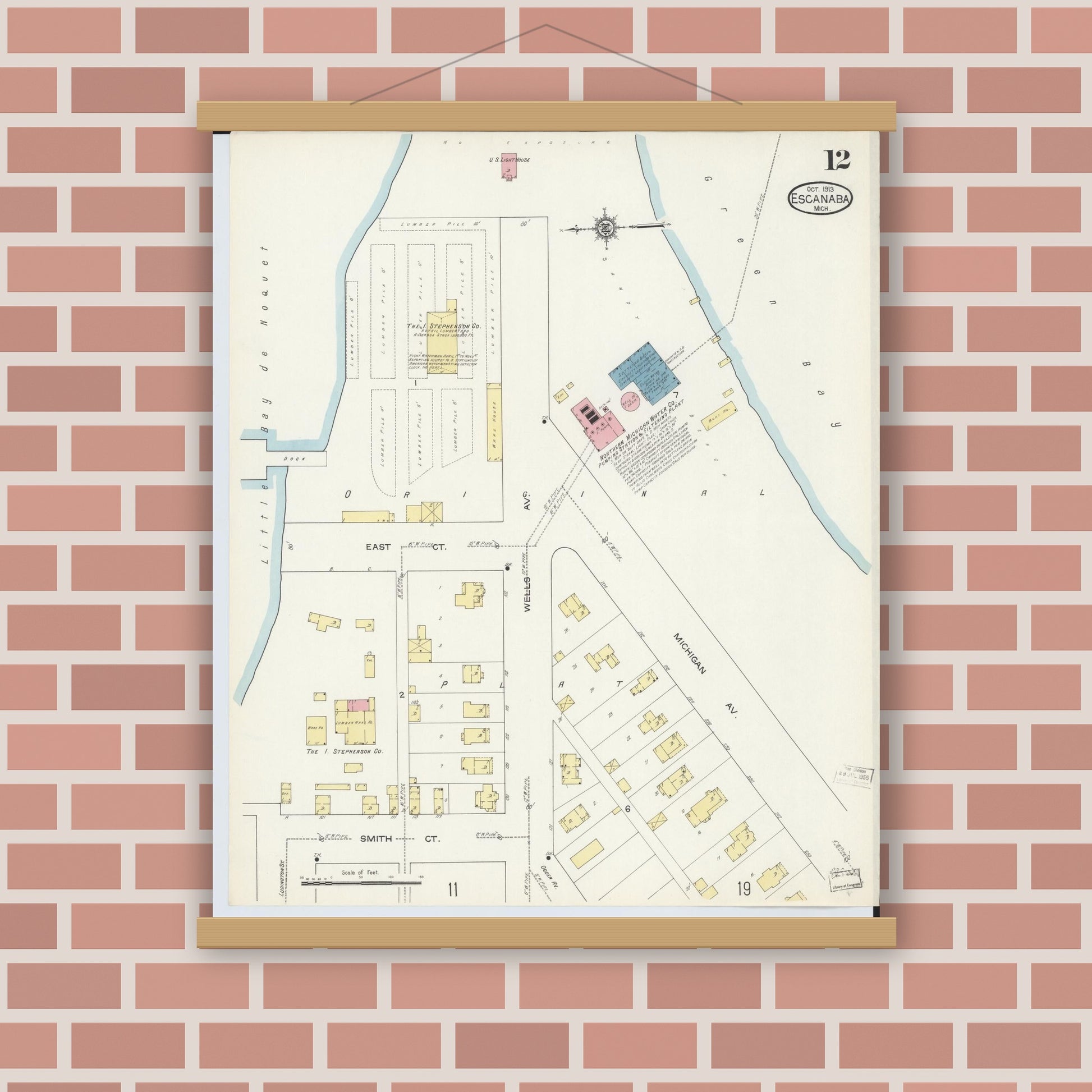 Old map wall art mockup — magnetic wood frame on brick wall — Sanborn Fire Insurance Map from Escanaba, Delta County, Michigan (1913), Sheet #0012