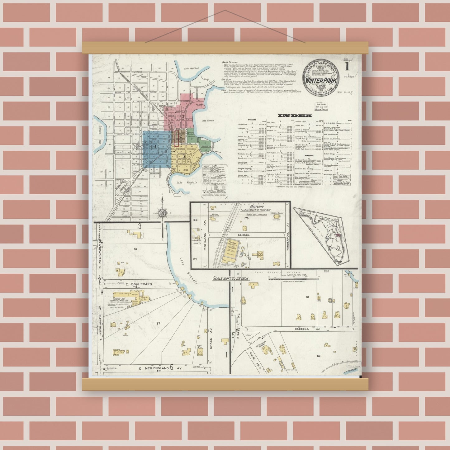 Old map wall art mockup — magnetic wood frame on brick wall — Sanborn Fire Insurance Map from Winter Park, Orange County, Florida (1919) - Complete Map Set