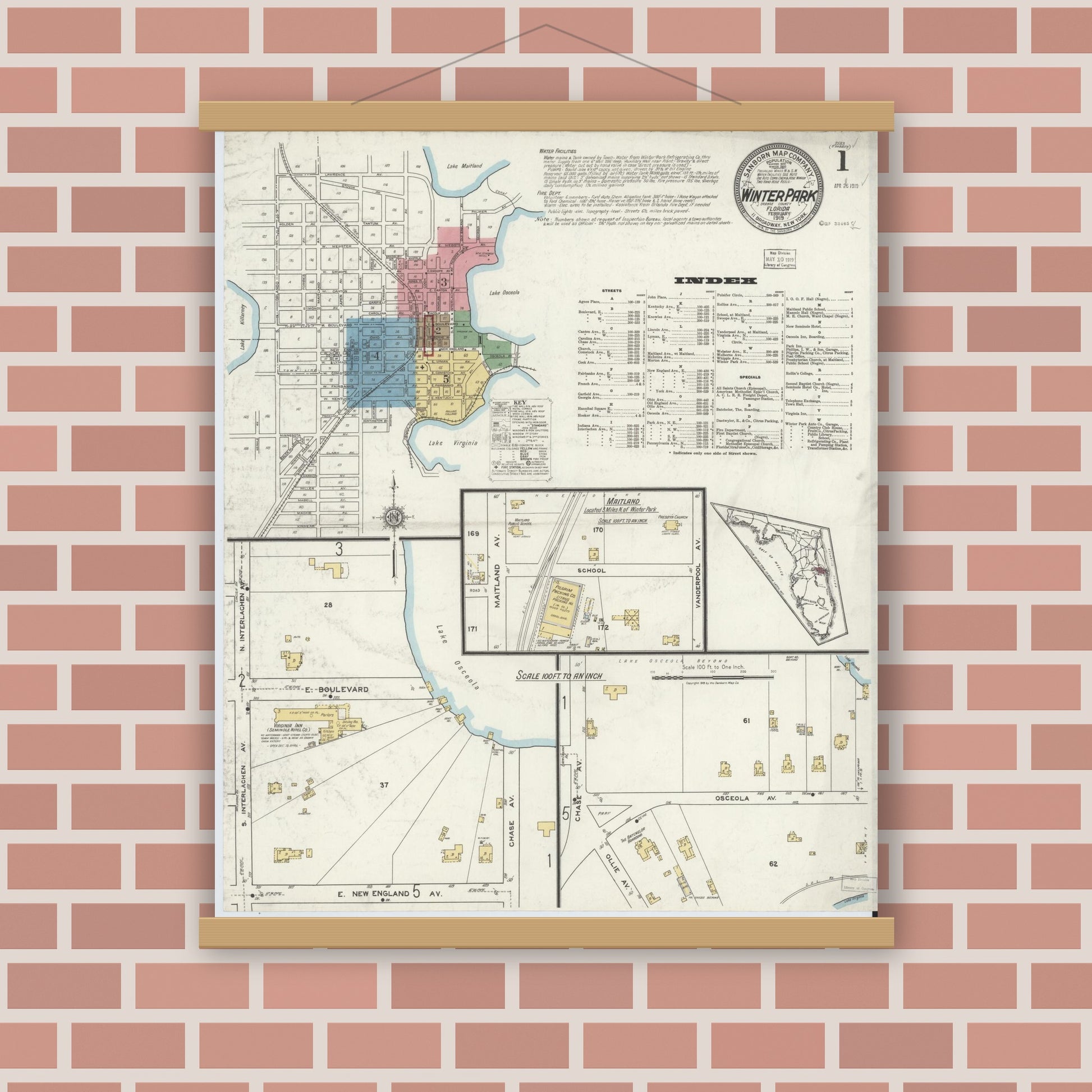 Old map wall art mockup — magnetic wood frame on brick wall — Sanborn Fire Insurance Map from Winter Park, Orange County, Florida (1919) - Complete Map Set