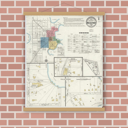 Old map wall art mockup — magnetic wood frame on brick wall — Sanborn Fire Insurance Map from Winter Park, Orange County, Florida (1919) - Complete Map Set
