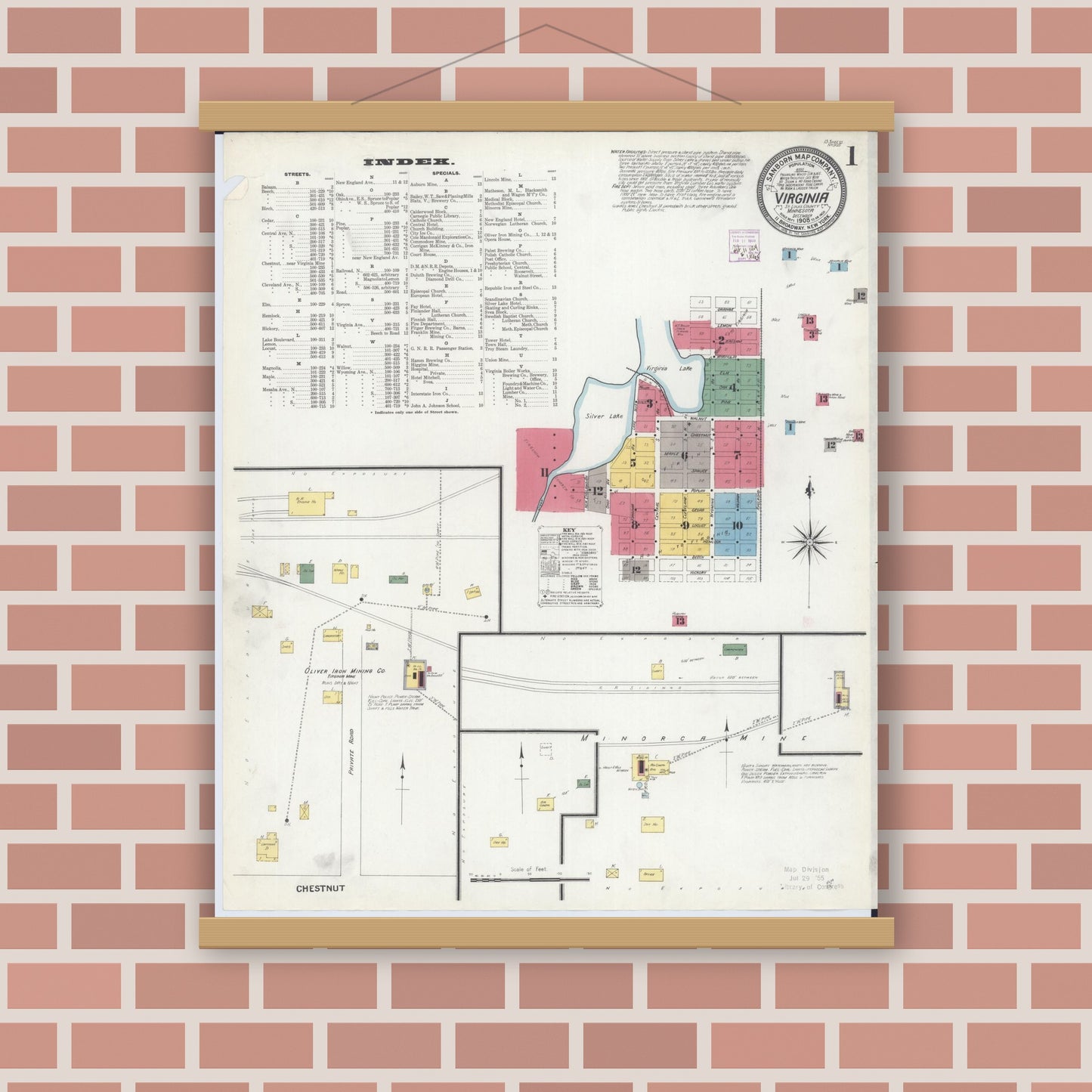 Old map wall art mockup — magnetic wood frame on brick wall — Sanborn Fire Insurance Map from Virginia, Saint Louis County, Minnesota (1908) - Complete Map Set