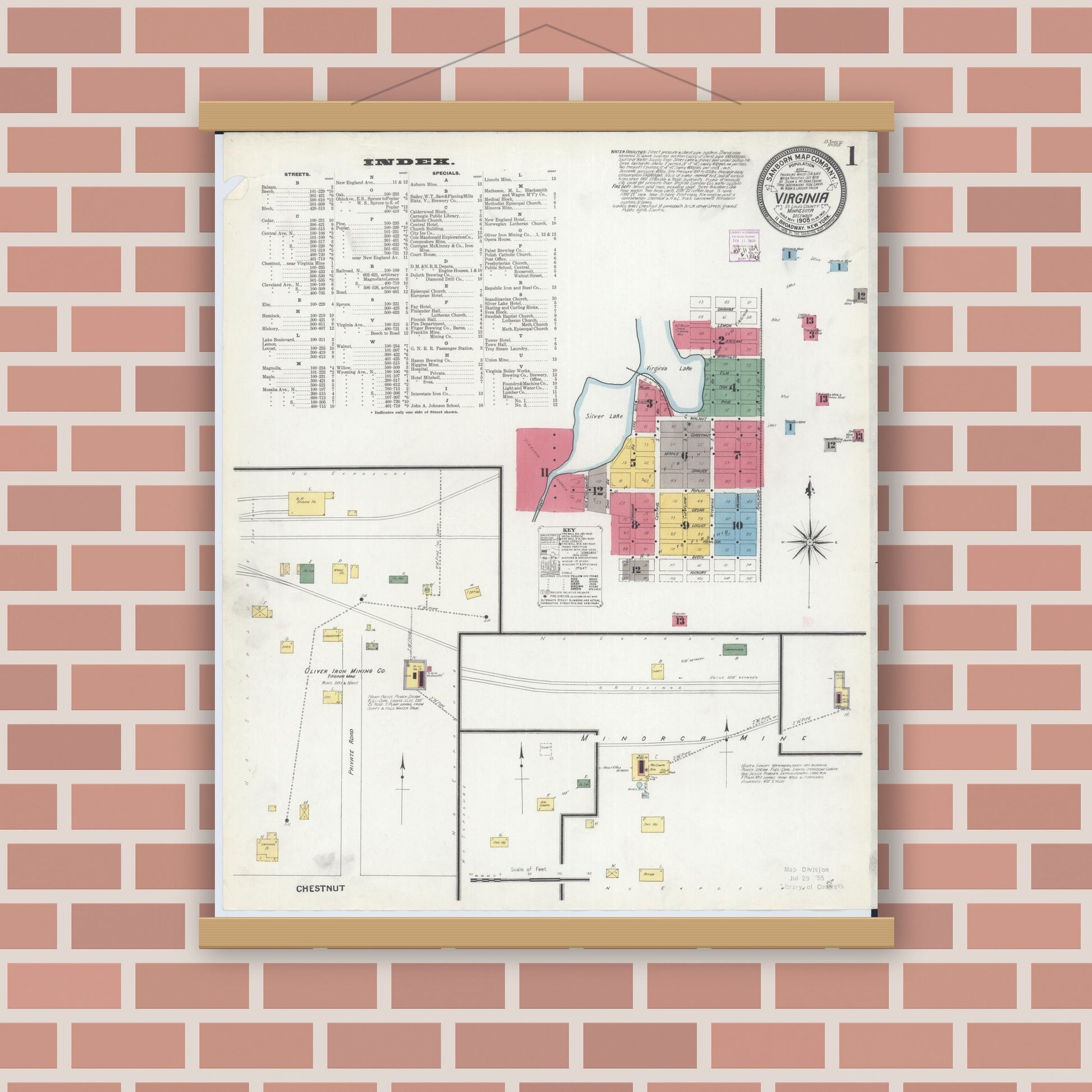 Old map wall art mockup — magnetic wood frame on brick wall — Sanborn Fire Insurance Map from Virginia, Saint Louis County, Minnesota (1908) - Complete Map Set