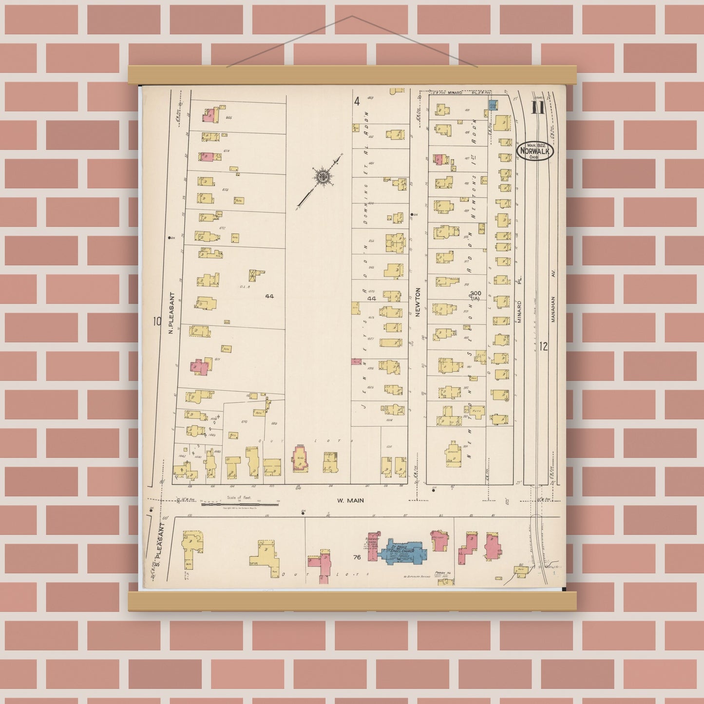 Old map wall art mockup — magnetic wood frame on brick wall — Sanborn Fire Insurance Map from Norwalk, Huron County, Ohio (1922), Sheet #0011