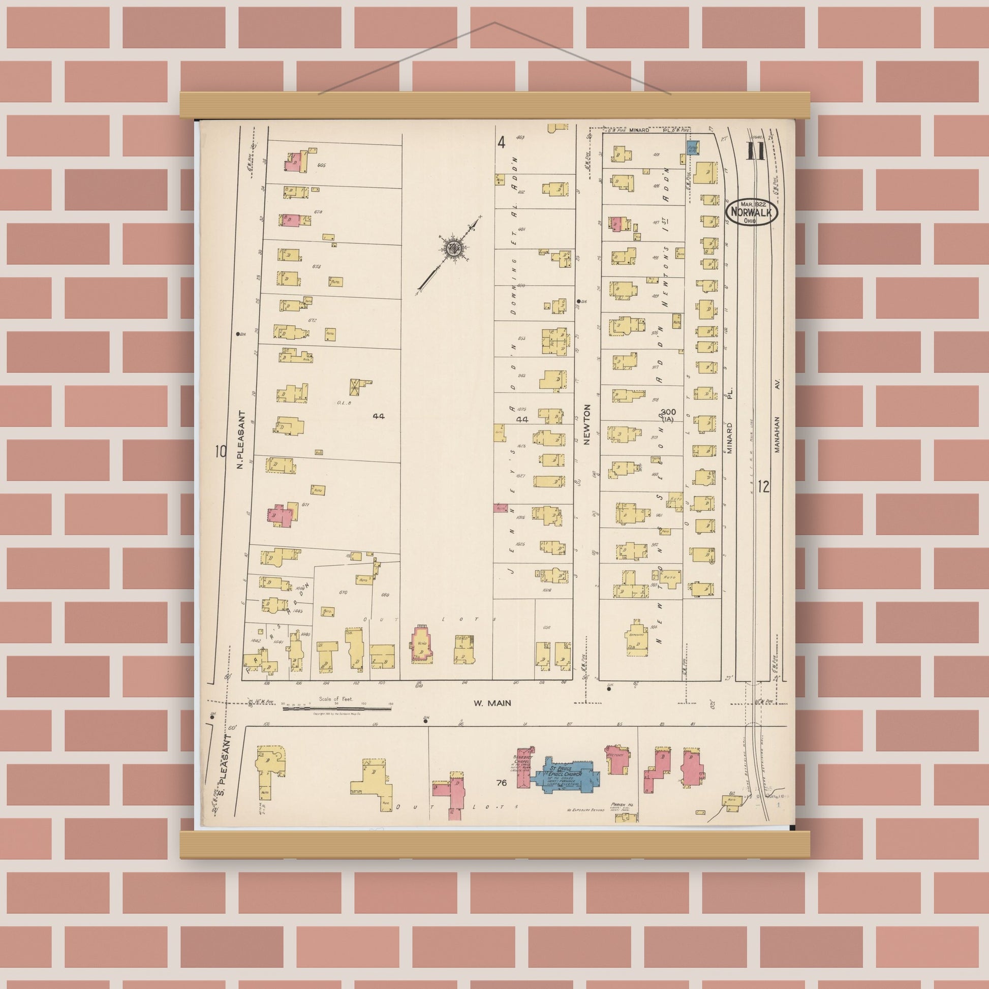 Old map wall art mockup — magnetic wood frame on brick wall — Sanborn Fire Insurance Map from Norwalk, Huron County, Ohio (1922), Sheet #0011