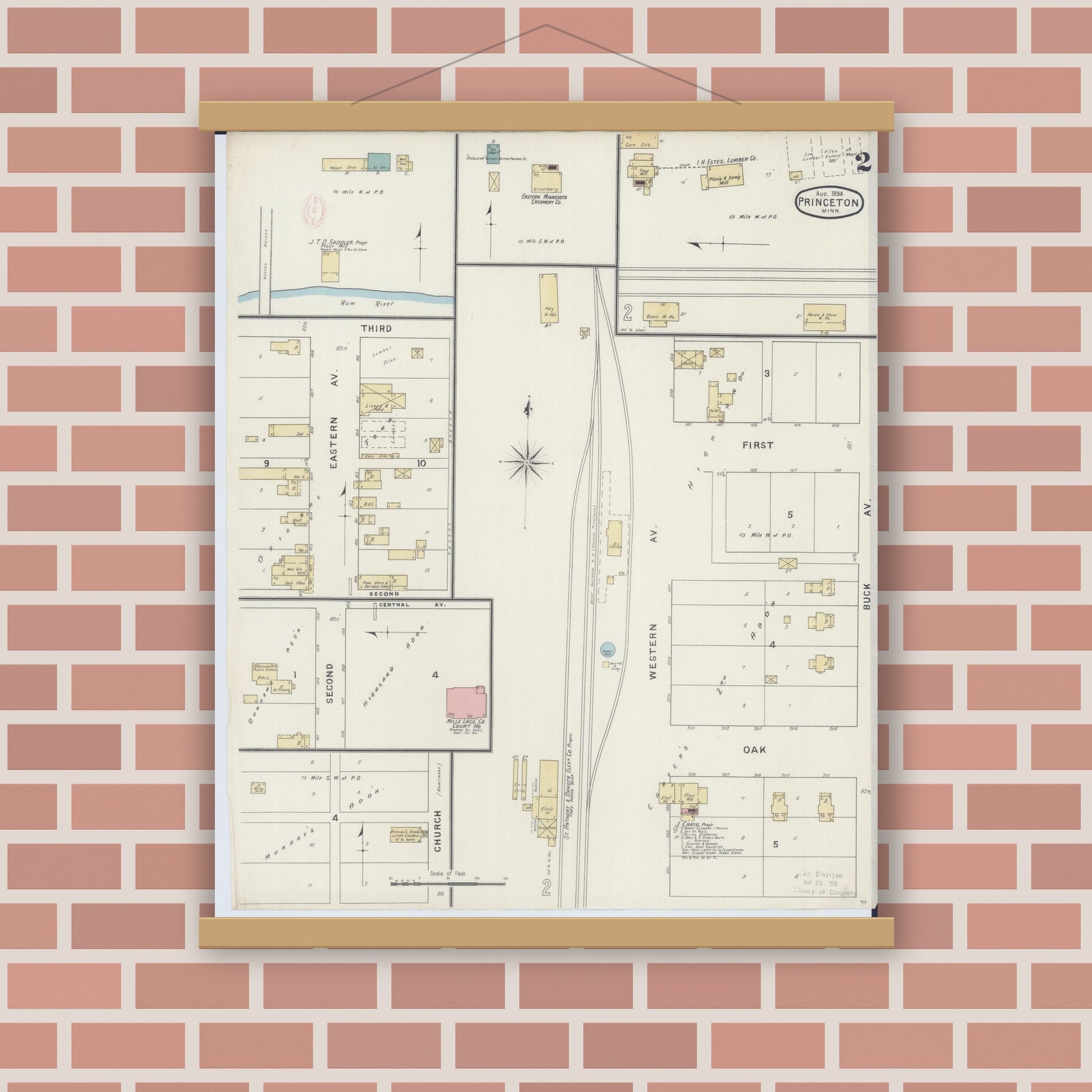 Old map wall art mockup — magnetic wood frame on brick wall — Sanborn Fire Insurance Map from Princeton, Mille Lacs County, Minnesota (1894), Sheet #0002